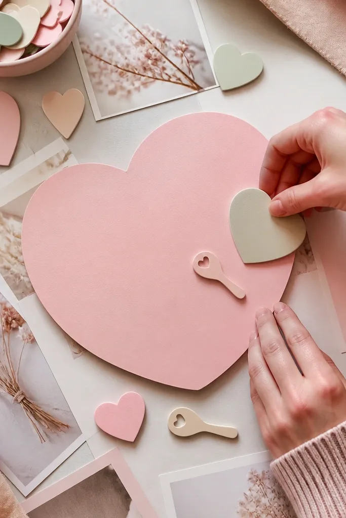 Pastel macaron colors with layered paper cutouts, small heart icons, and matte photos