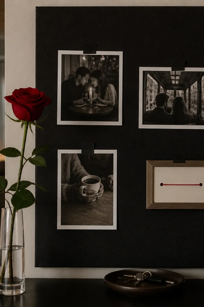 Black and white photos with one red rose accent and clean spacing on white board
