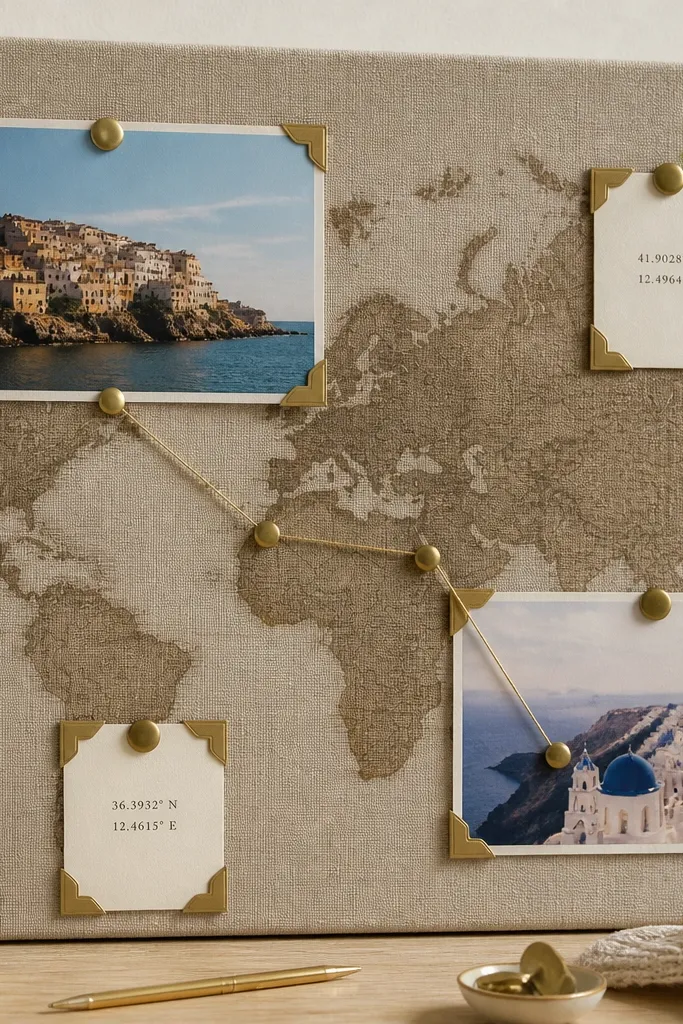 Neutral board with printed map coordinates, pinned corners, and muted gold lines