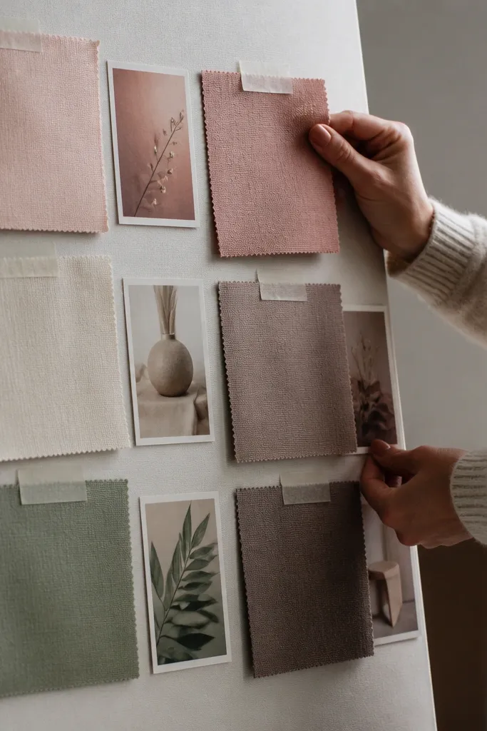 Color-blocked board with fabric swatches in cream, sand, and deep green and small chips