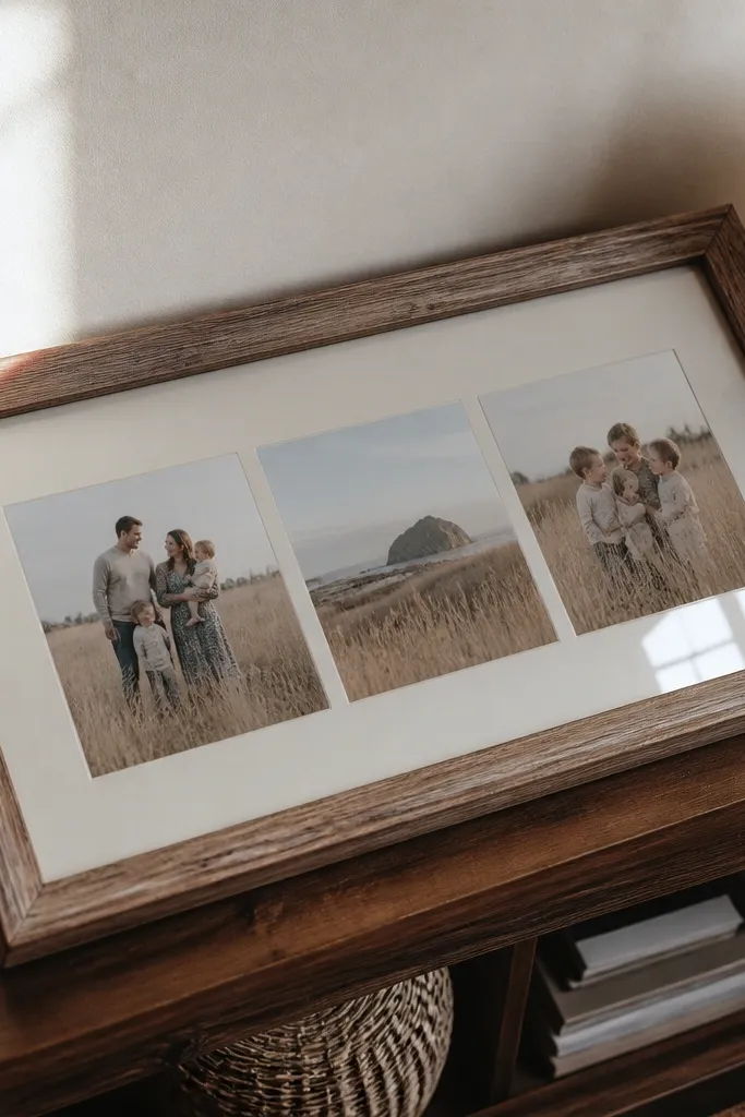 Photos layered behind glass in an old frame with neutral paper mat and soft gold accents