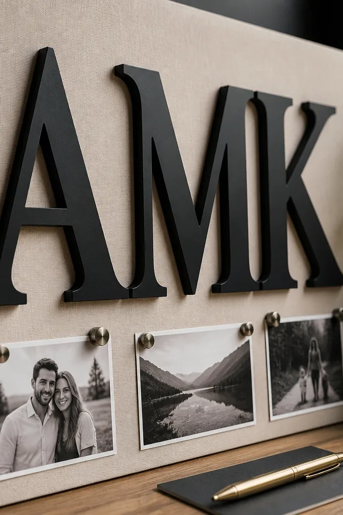 Matte black letter shapes on cream background with small photos and gold pen details
