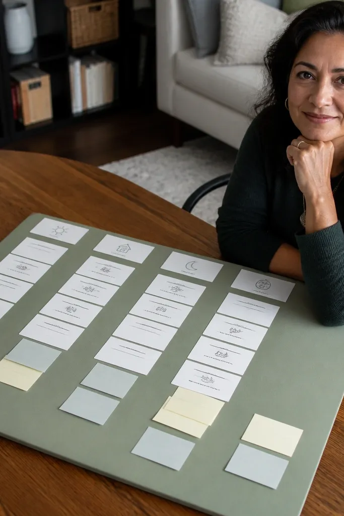Sage green board with typed routine cards, small sticky note pops, and calm home photos