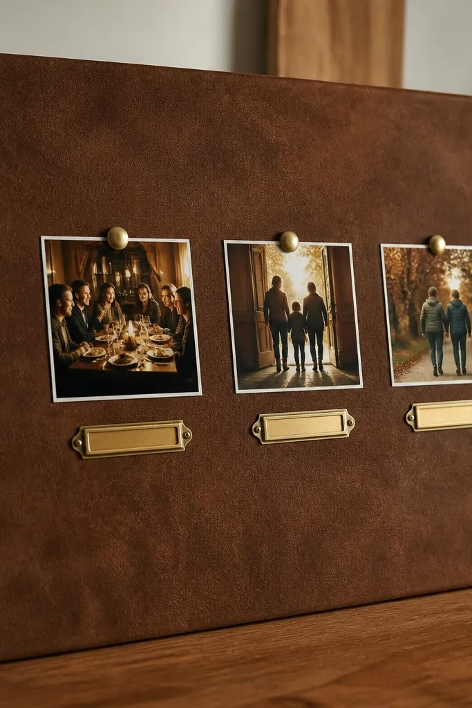 Faux leather brown backing with cream photos, brass-tone labels, and minimal icons