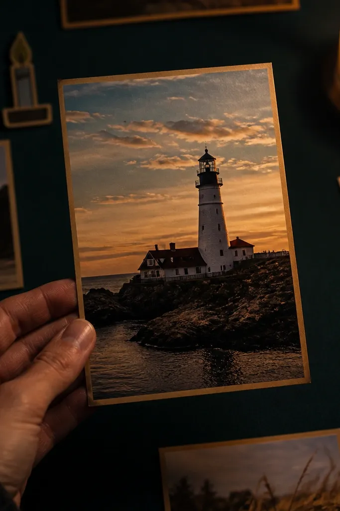 Deep teal background with warm-toned photos and small candle-themed paper cutouts