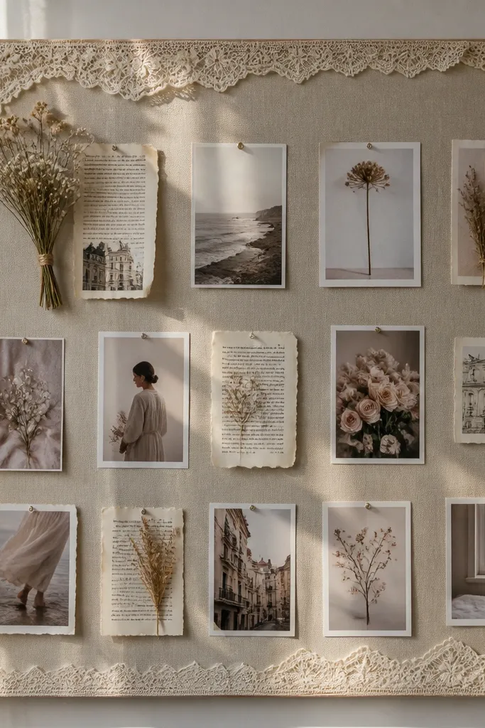 Cream lace overlay with newspaper clippings and small framed photos in a neat grid