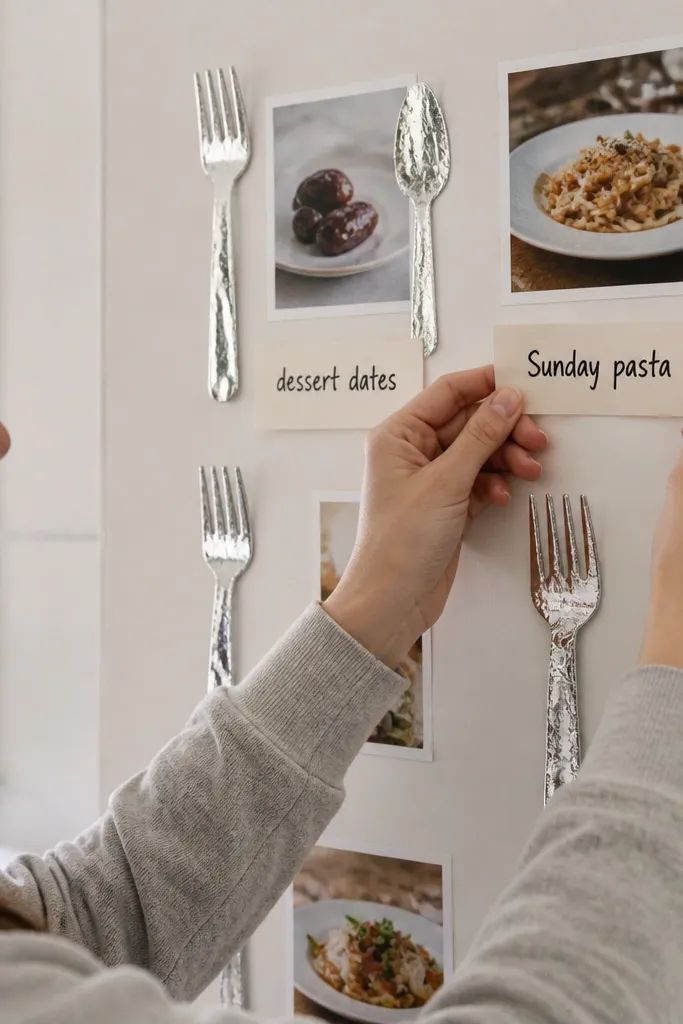 Silver foil cutlery icons on white board with date photos and soft blush labels