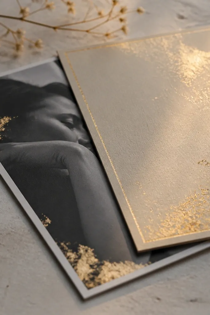 Soft gold leaf cards with short love standards and black-and-white photos on cream background