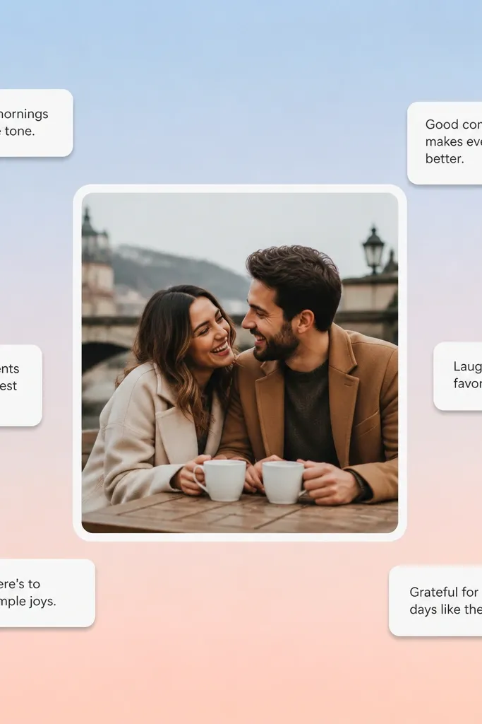 Pastel sky gradient background with one bold framed and small white label cards