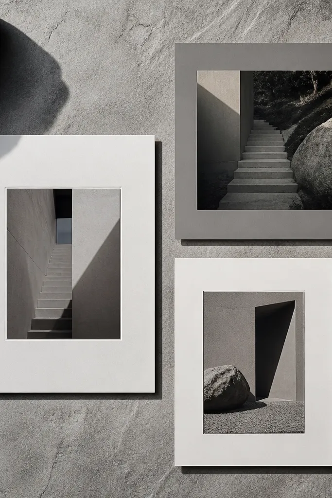 Monochrome stone texture background with cut paper layers casting soft shadows and small photos