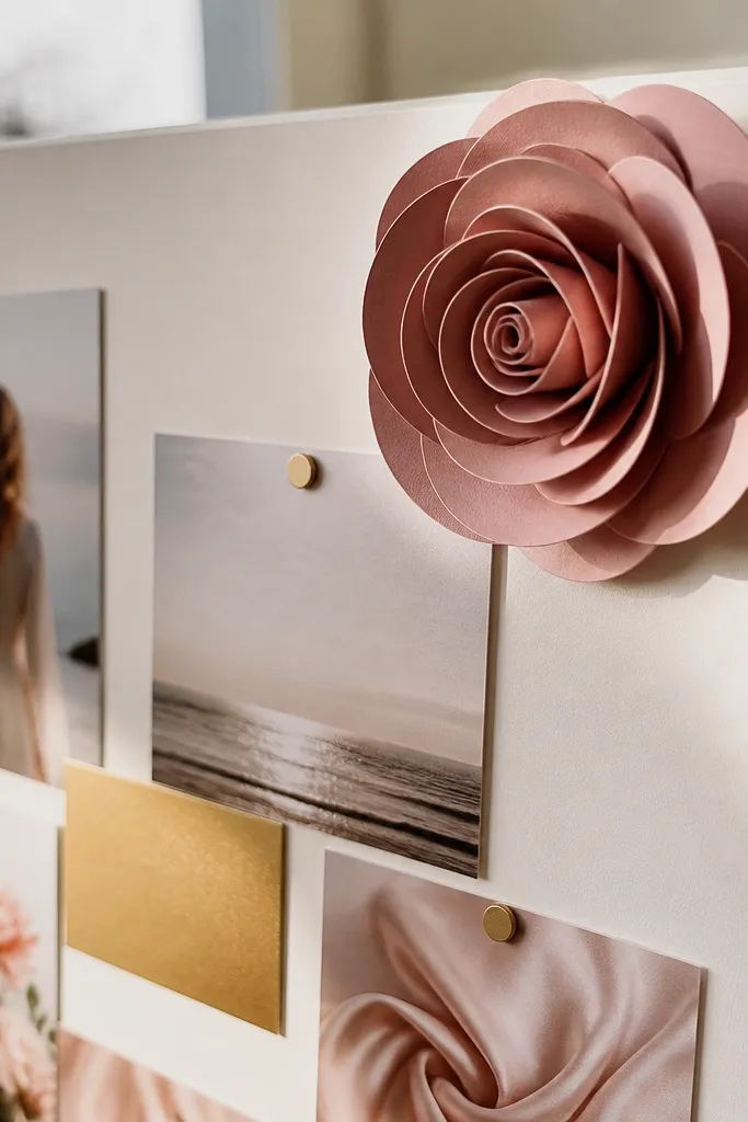 Neutral board with sculpted paper rose in one corner and clean layout