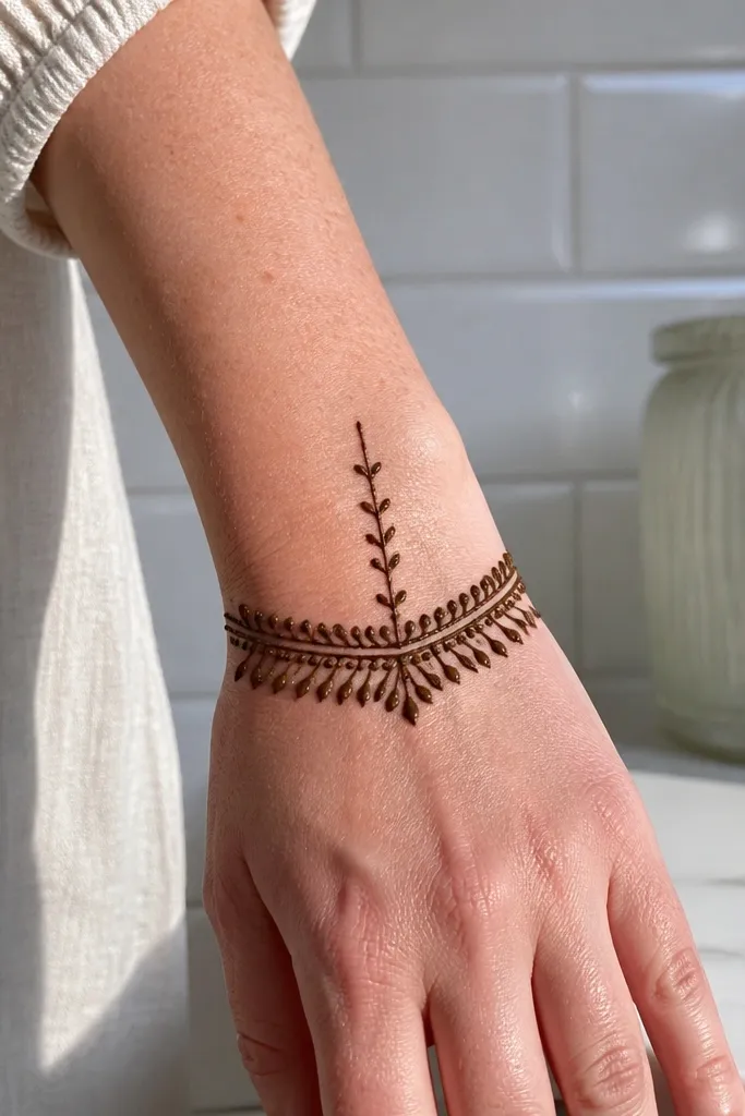 Minimal wrist fan cuff with a single curved spine up the back of the hand