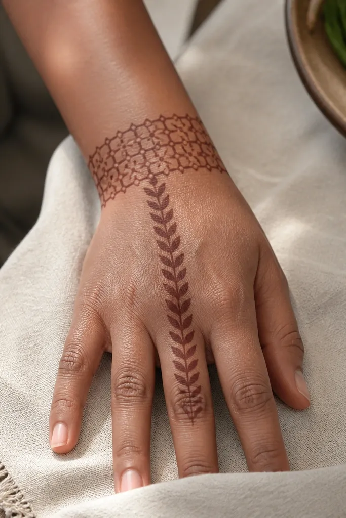 Geometric grid cuff at the wrist with a single vertical leaf column up the hand