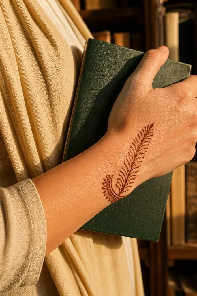 Half-moon wrist motif with a single feathery frond rising from the back of the hand