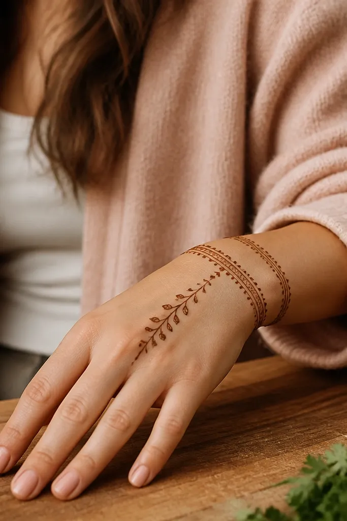 Two stacked wrist bracelet cuffs with a single center stem up the back hand