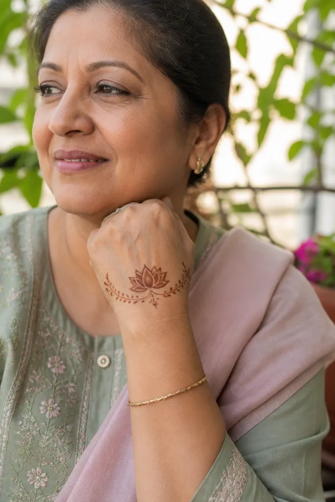 A small lotus bud in the center of the back hand with light wrist filigree