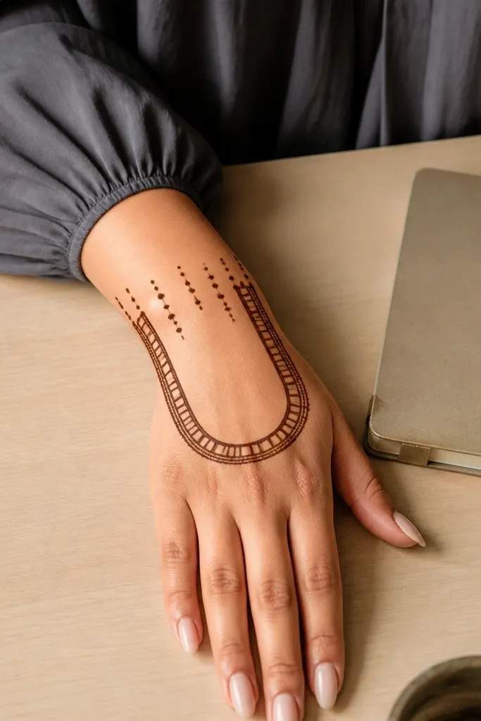 U-shaped wrist ladder pattern with floating dots above it on the back hand