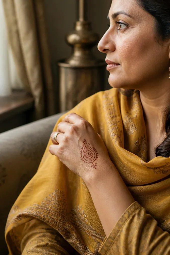 Single minimal paisley drop on the back hand with tiny side leaves near the wrist