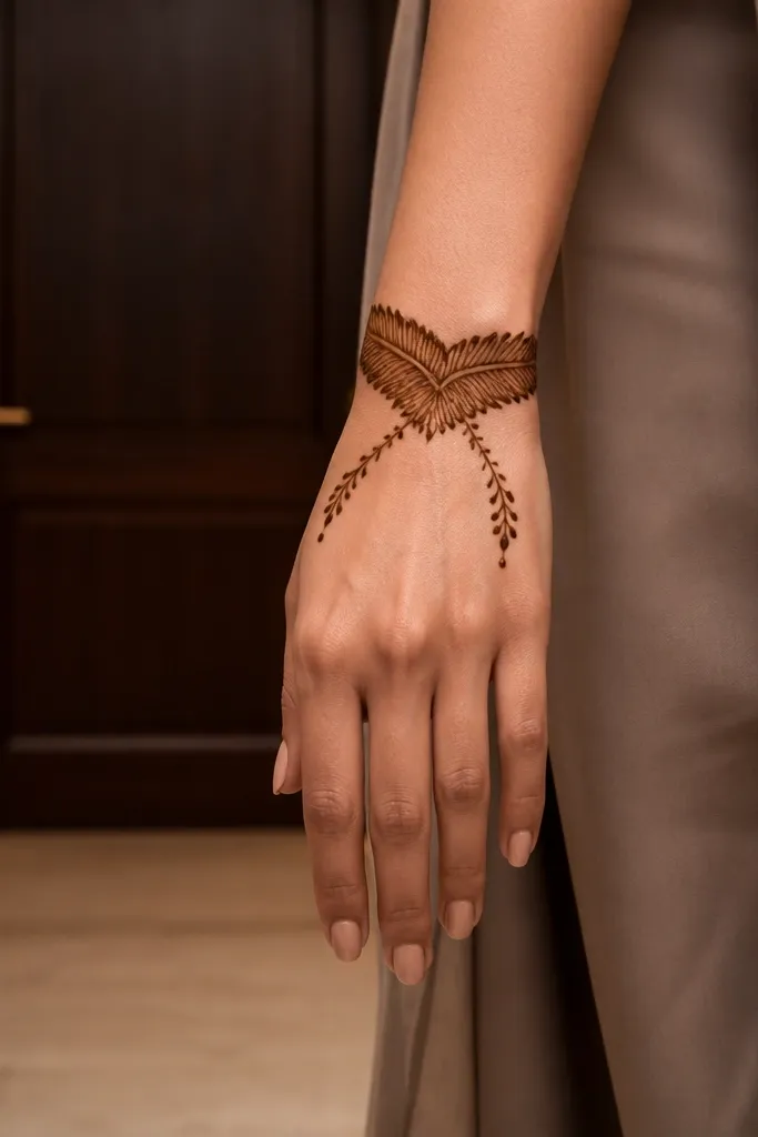Feather-edge cuff at the wrist with two slim branches rising from the back hand
