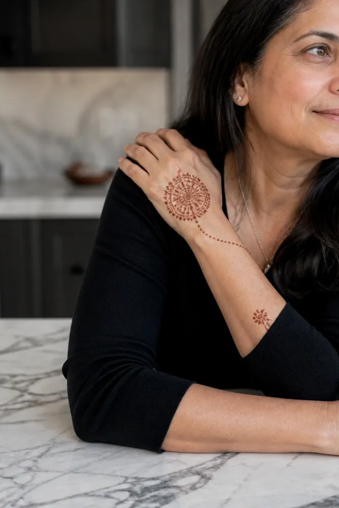 Small mandala frame in the corner of the back hand with minimal wrist marks