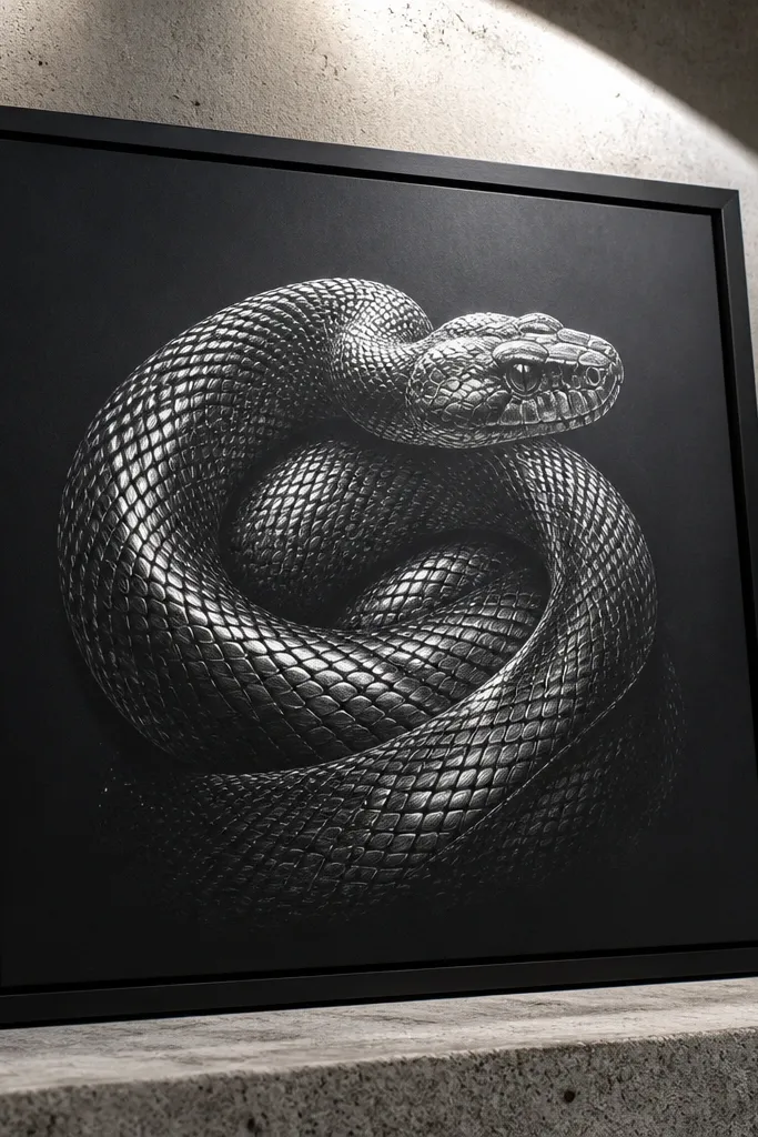 Black background snake with silver shimmering scale highlights and crisp edges