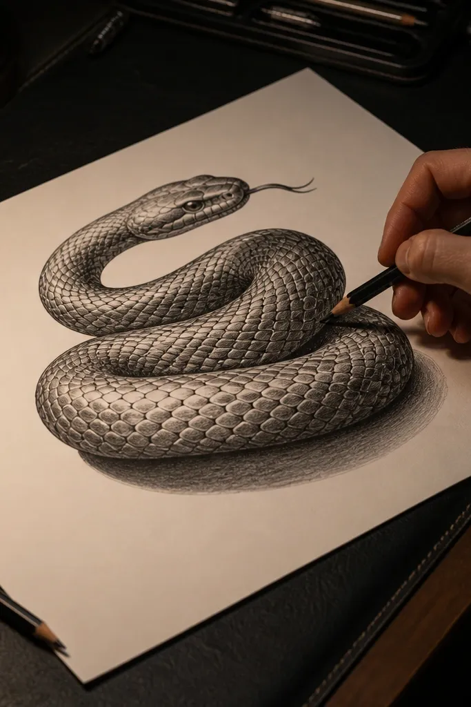 Coiled snake with ink scale lines and graphite shaded body under one light direction