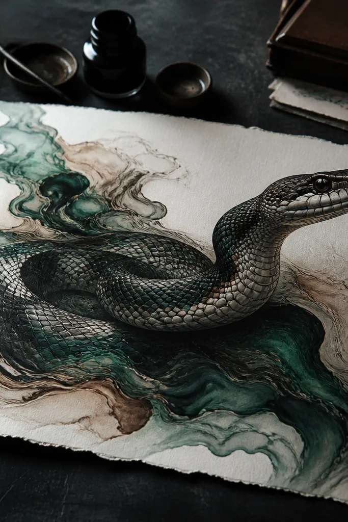 Snake body with marbled scale texture blending into a soft ink wash