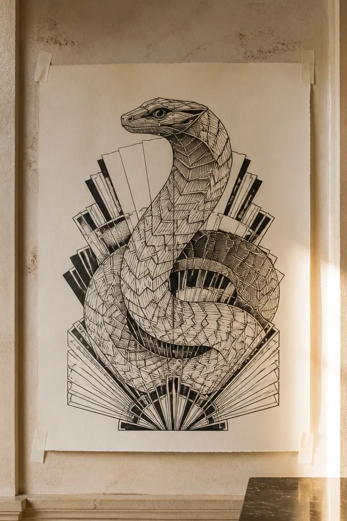 Snake head and body in art-deco geometric panels with sharp linework