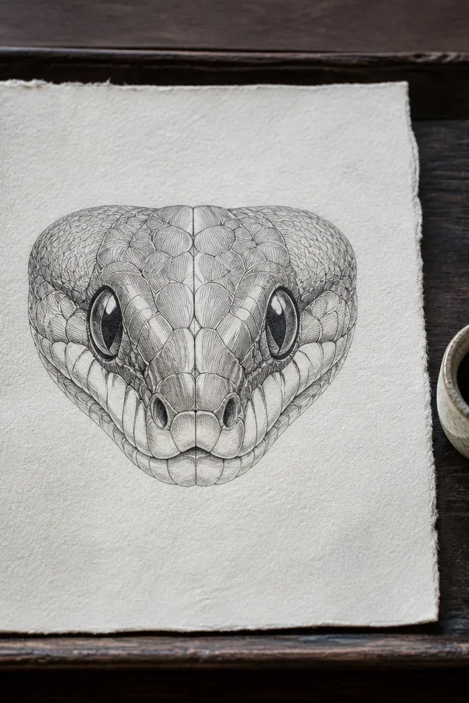 Stylized snake head portrait with layered contour lines and soft graphite shading