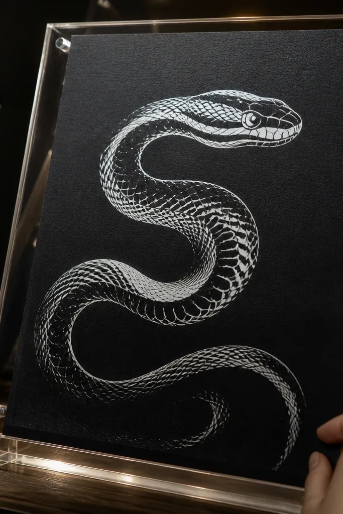 Snake silhouette drawn using negative space with white ink scale highlights