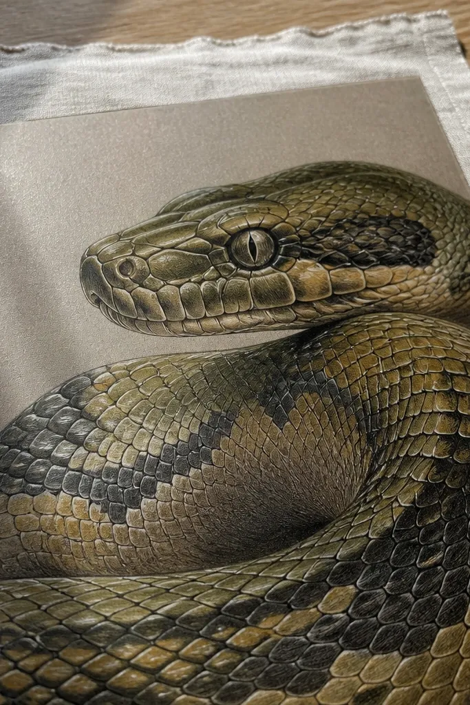 Snake body with graphite shading and colored pencil edges that look satin-smooth