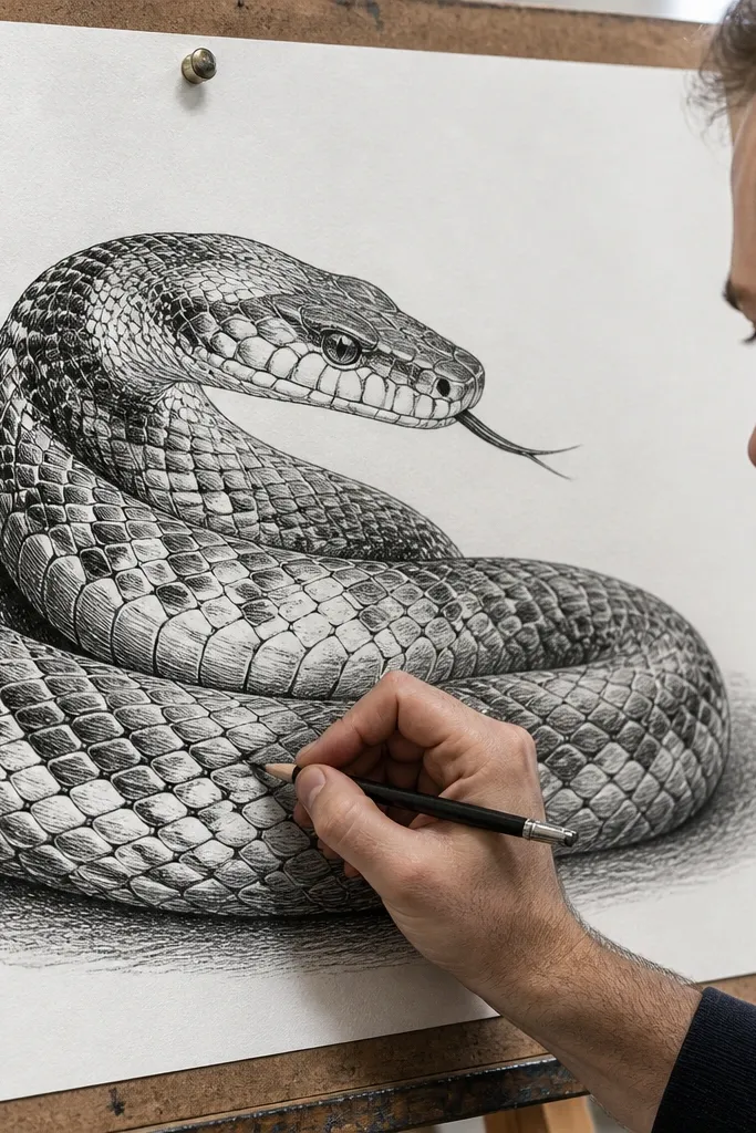 Engraving-style snake with crosshatched armor scales and deep black shadows