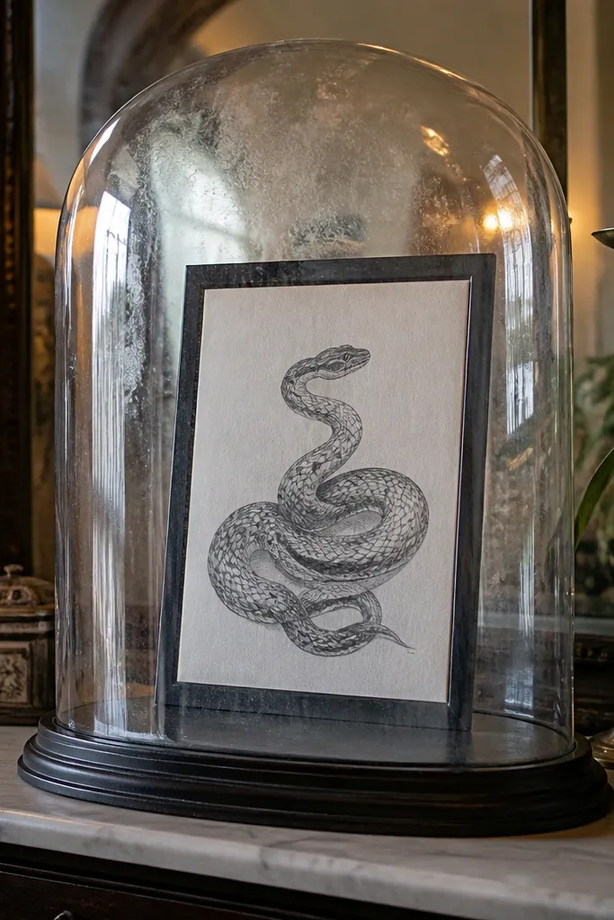 Snake inside a domed glass shape with frosty highlights and soft shadows