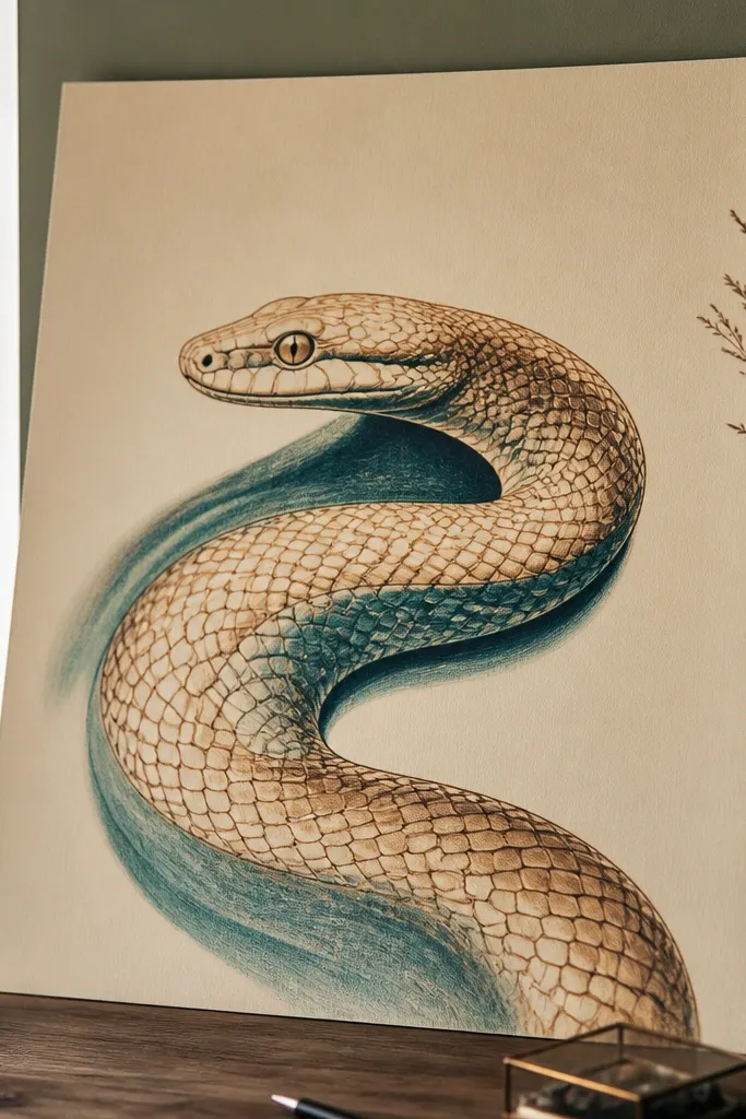 Snake with warm sepia scale linework and teal shadow shading