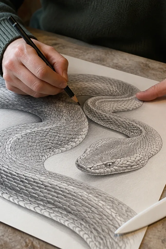 Snake with scale patterns that mimic folded fabric and crisp erased highlights