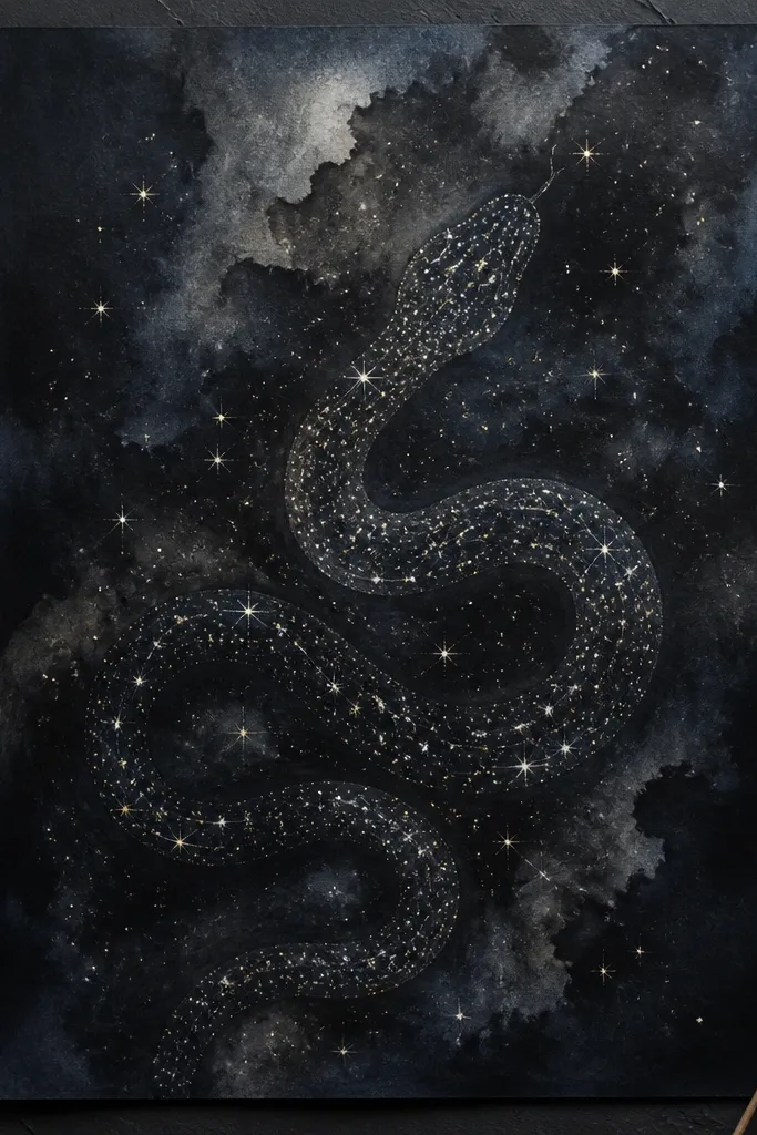 Snake silhouette made of stars with ink nebula wash background