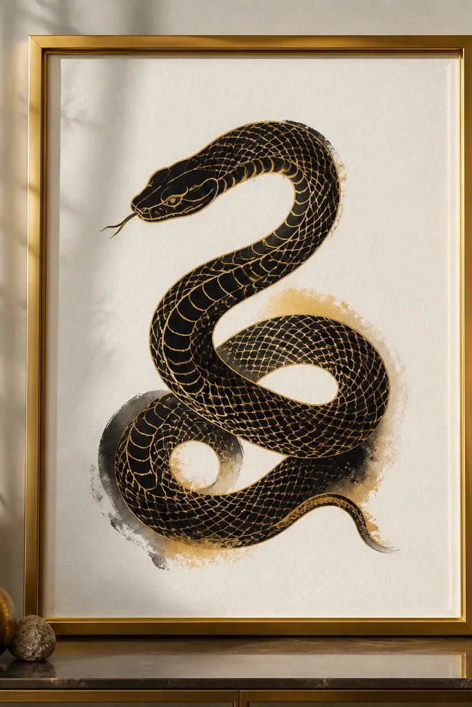 Snake with black ink body and thin gilded outline with restrained watercolor tint