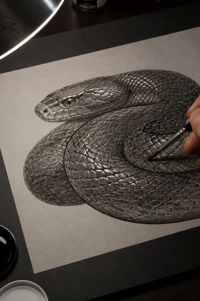 Snake drawing with glossy highlight streaks on scales and matte ink shading