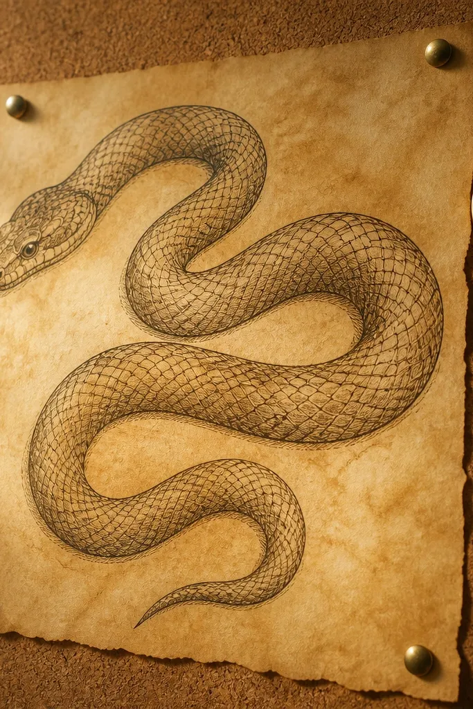 Snake on warm parchment with sepia wash shading and fine ink vein texture