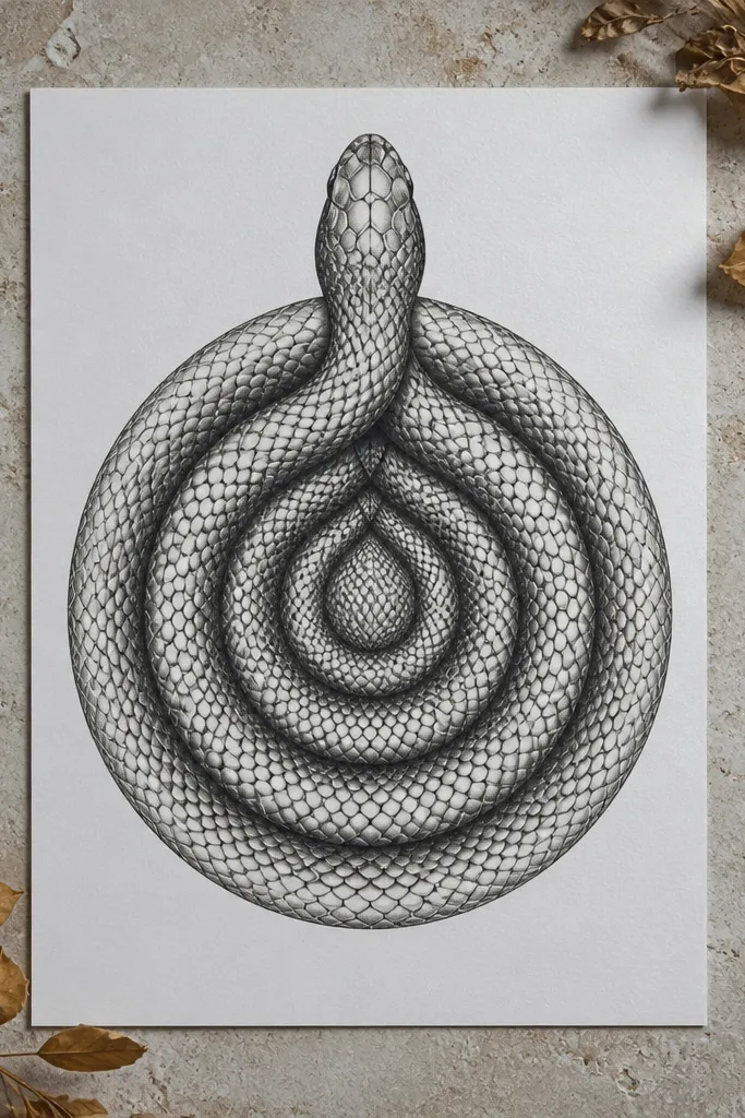 Symmetrical snake design with concentric scale rings and balanced shading