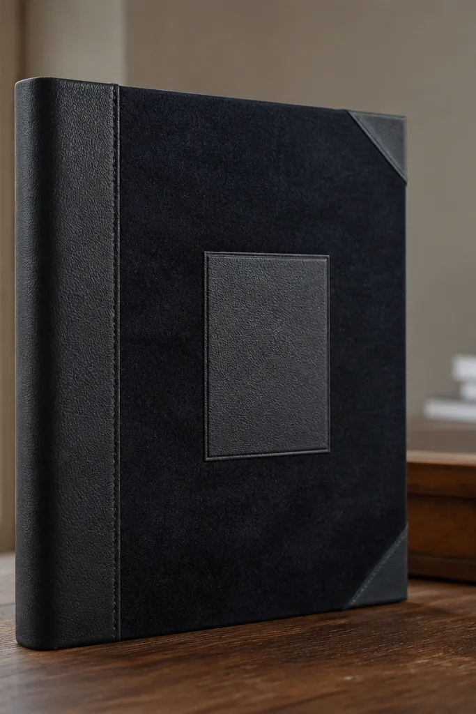 Dark fabric-covered scrapbook with a wrapped spine and gold corner accents