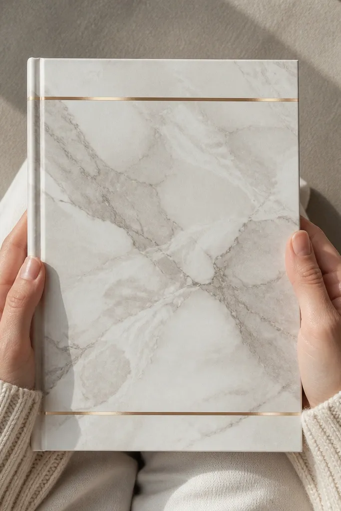 White and gray marble-look cover with thin gold foil bands across the front