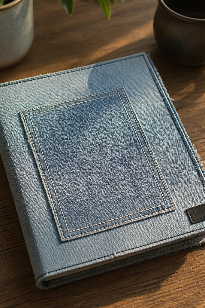 Indigo denim patchwork scrapbook cover with straight stitched lines and a light label
