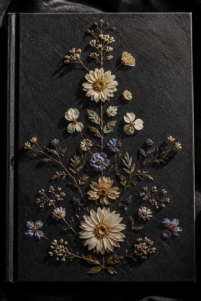 Black background scrapbook cover with pressed flowers arranged in a neat botanical cluster