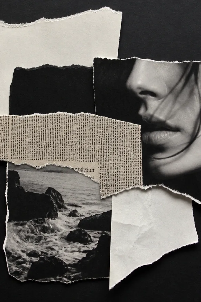 Monochrome scrapbook cover with layered cut-paper shapes and a subtle shadow border