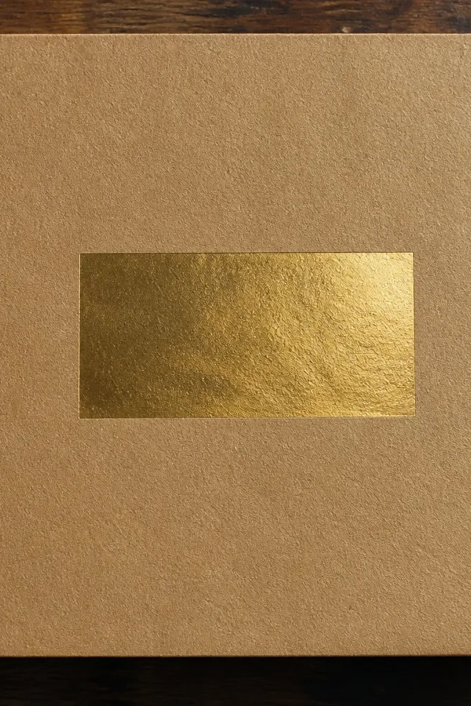Textured kraft paper scrapbook cover with a gold title plate centered