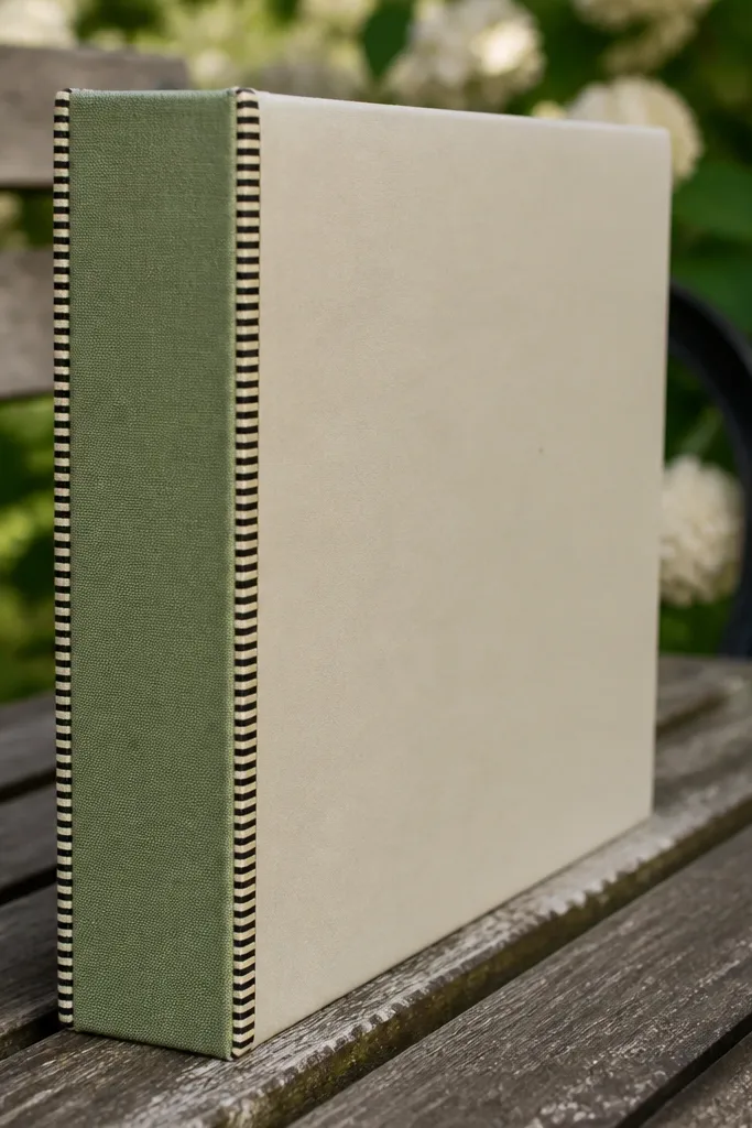 Scrapbook cover with a fabric-wrapped spine and contrasting binding tape edges