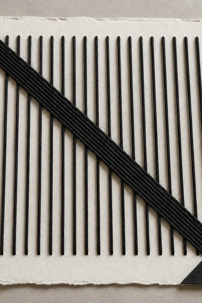 Scrapbook cover with geometric lines made from thread on a paper base