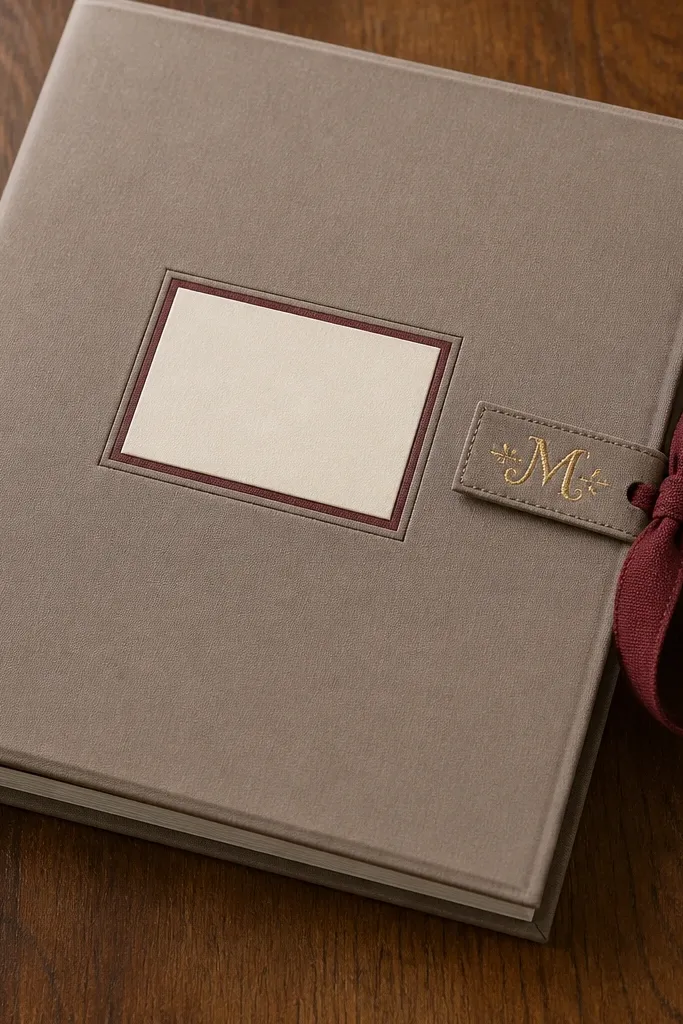 Scrapbook cover with a fabric tie closure and a monogram side tab