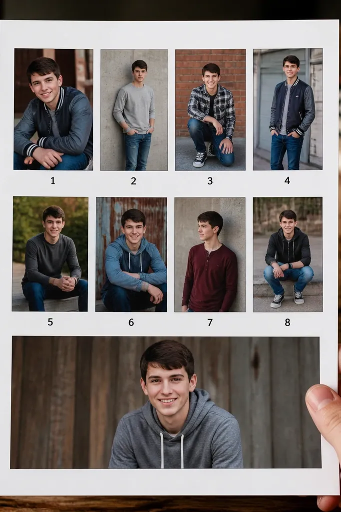 Grid of small photos with numbered captions and cream margins